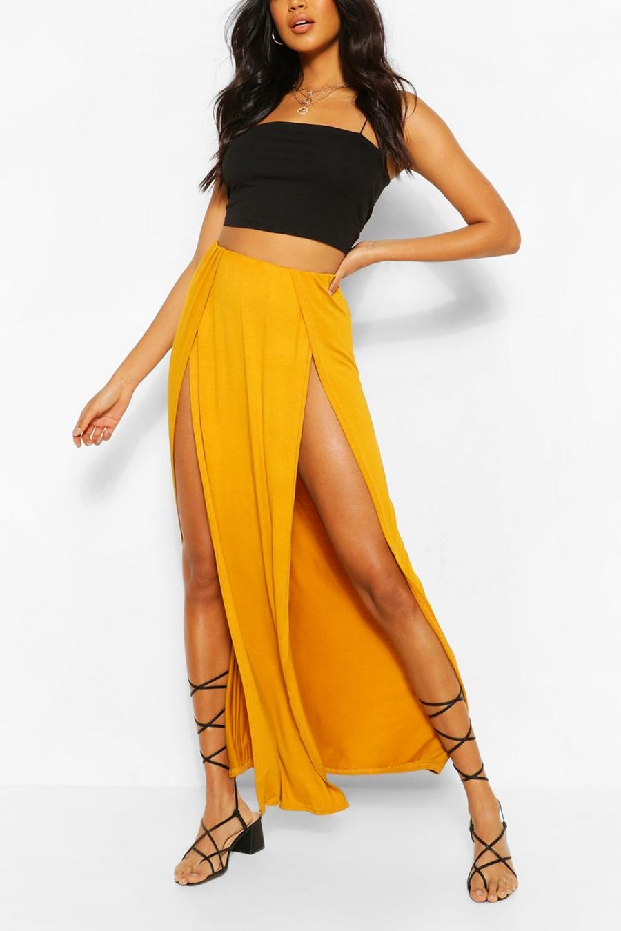 Mustard Thigh Split Maxi Skirt image number 1