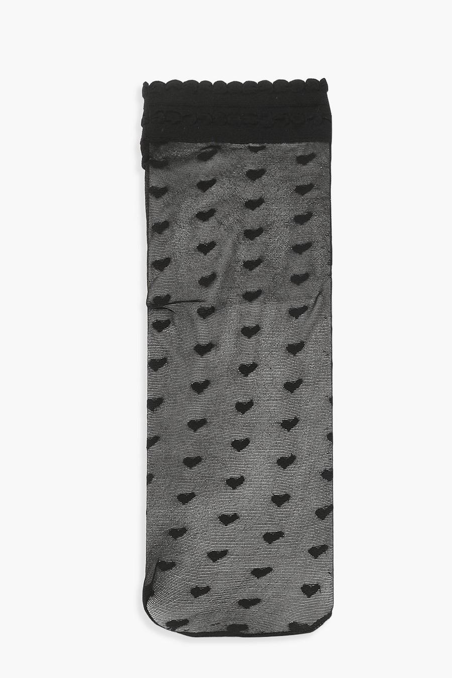 Calzini alle caviglie semitrasparenti con stampa a cuori, Nero image number 1