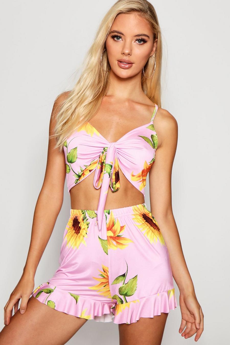 Tie Front Sunflower Top & Short Two-Piece image number 1