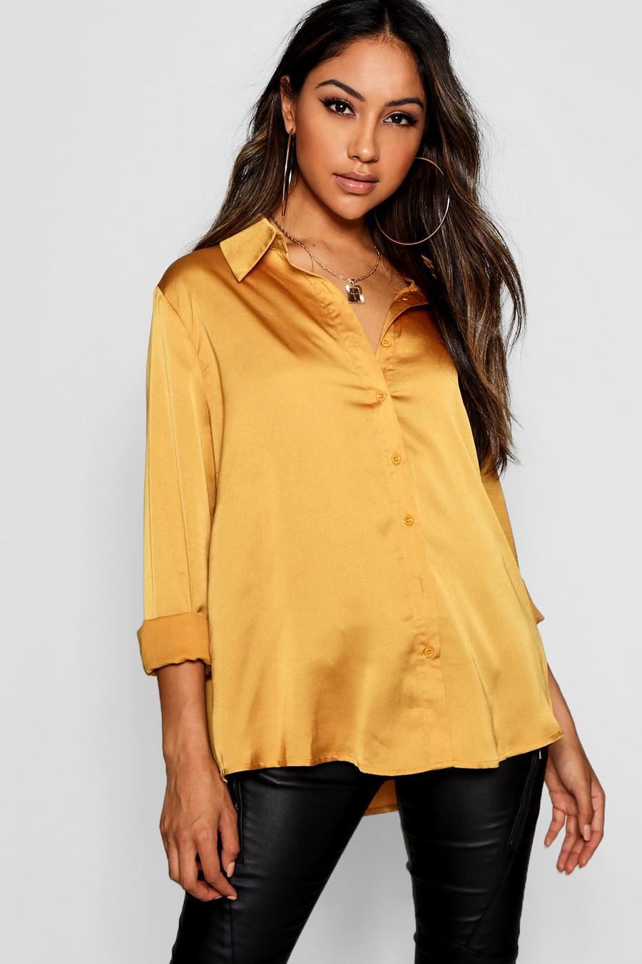 Camicia oversize a maniche lunghe in raso, Mustard image number 1