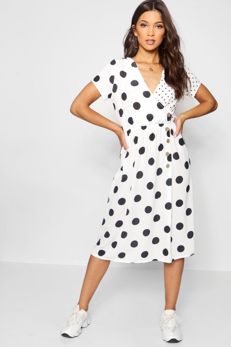 Mixed Polka Dot Button Front Midi Dress image number 1