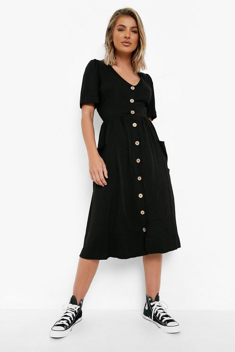 Black Button Front Pocket Detail Midi Dress