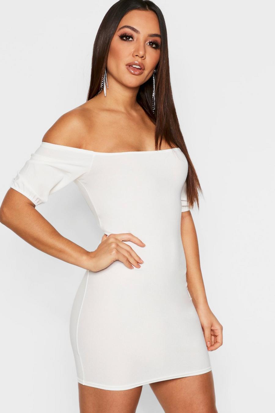 Ivory Basic Off the Shoulder Puff Sleeve Bodycon Dress image number 1