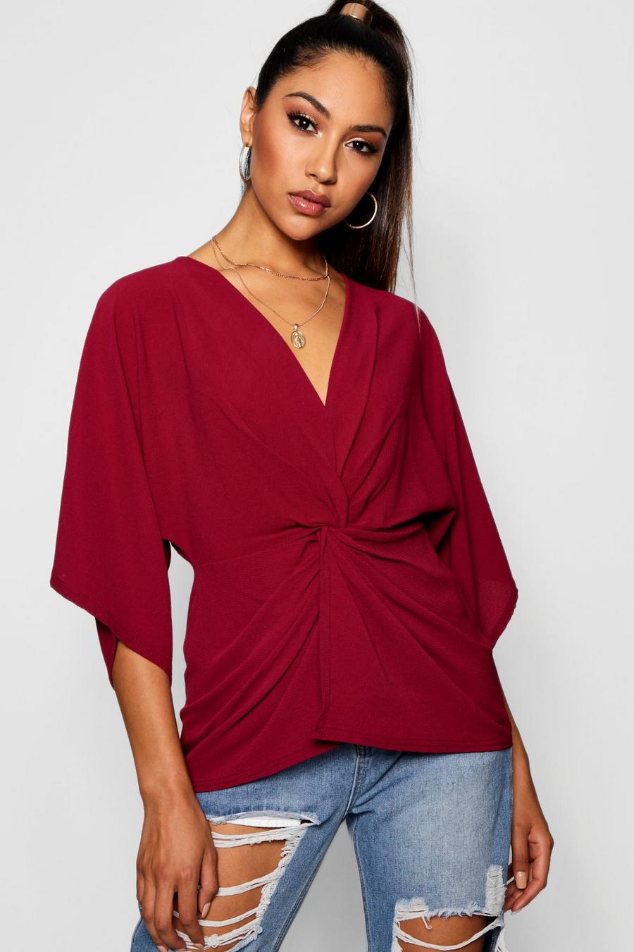 Twist Knot Front V Neck Blouse, Berry image number 1