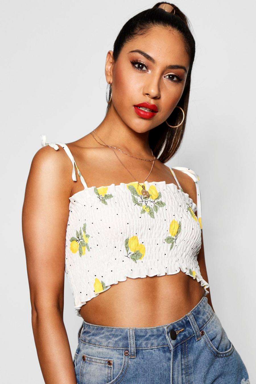 Fruit Print Shirred Strappy Crop Top image number 1