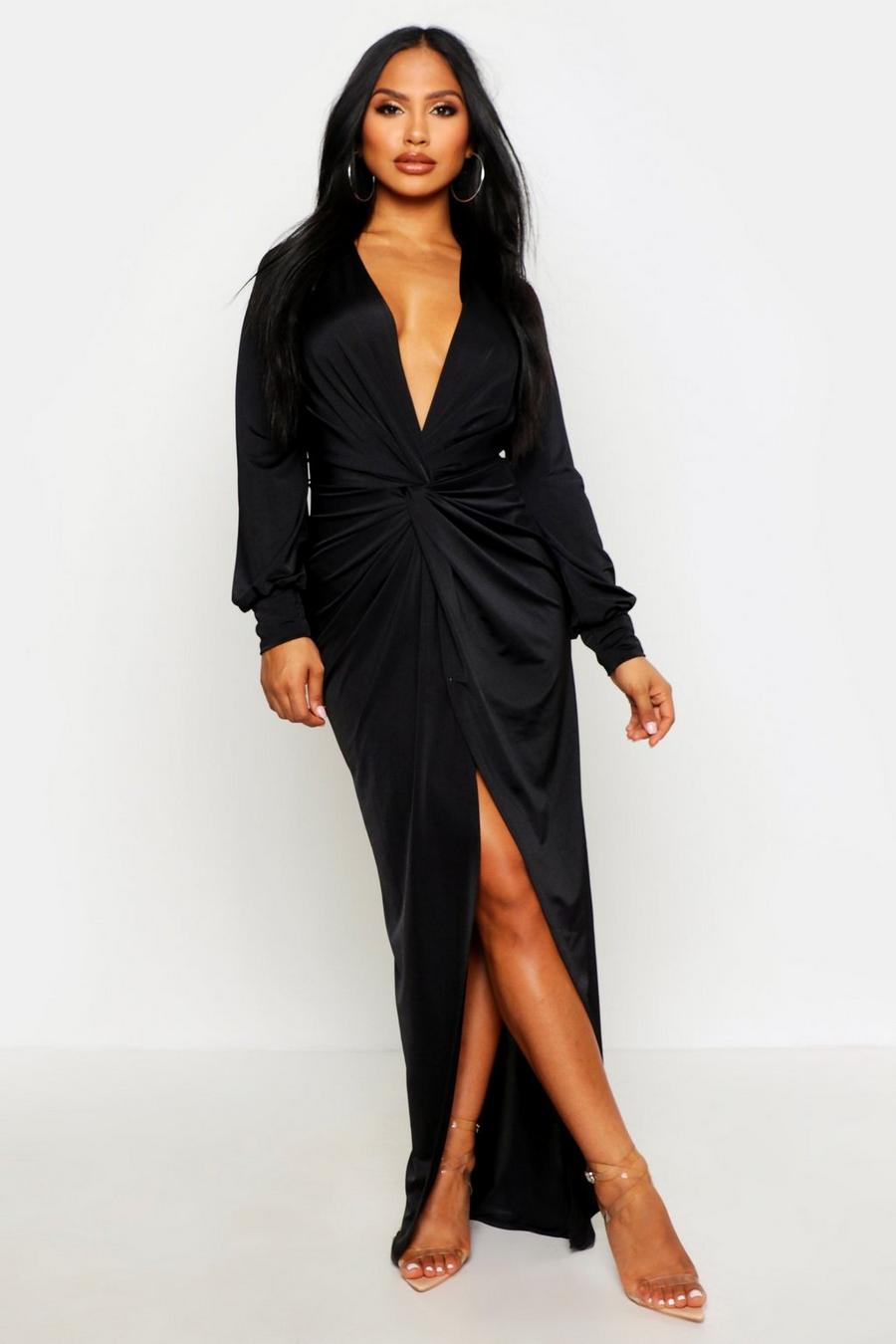 Daria Maxikleid aus glänzendem Jersey mit Twist-Detail und tiefem Ausschnitt, Schwarz image number 1