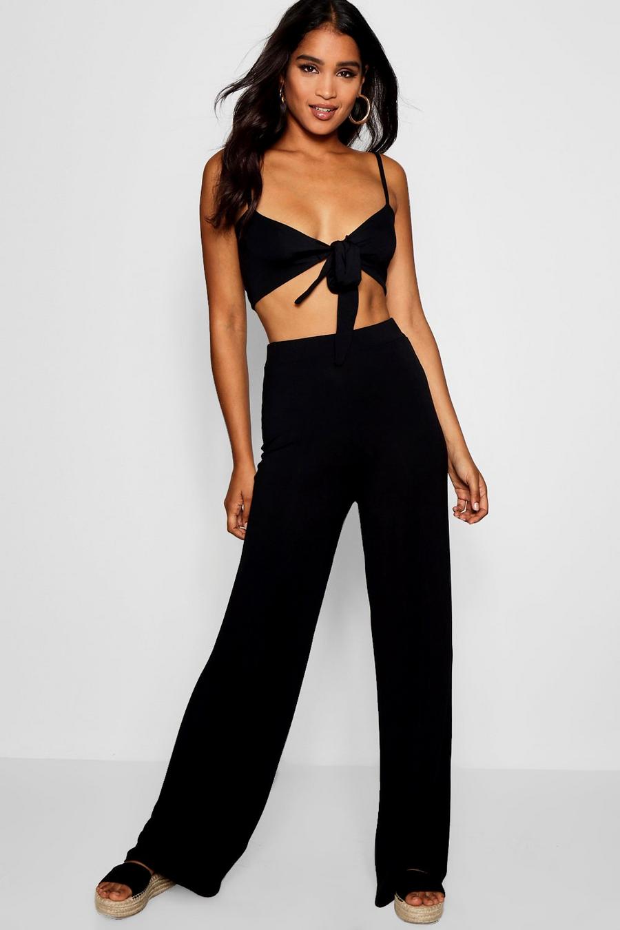 Black Tie Front Top & Wide Leg Pants Co-Ord image number 1