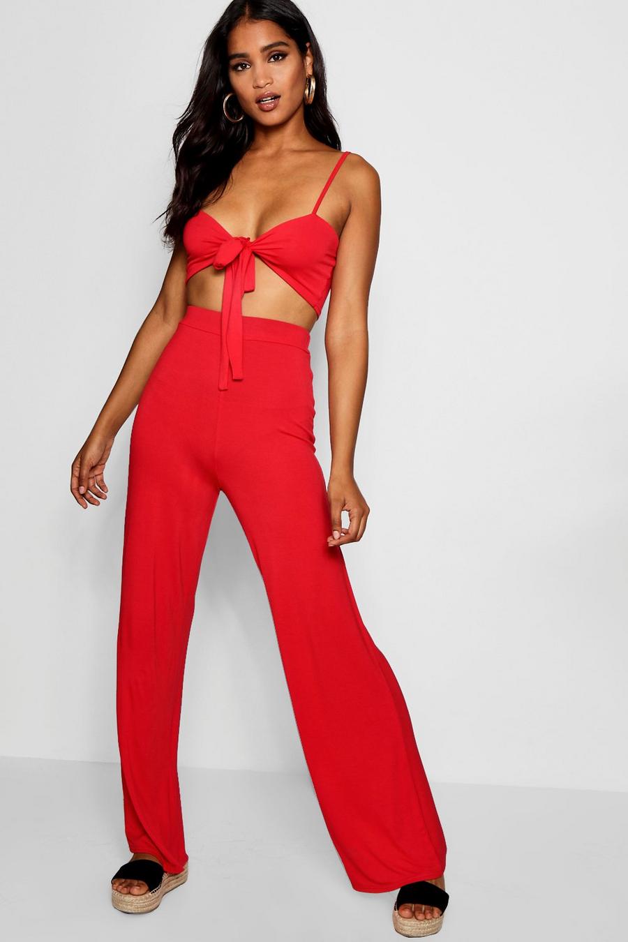 Red Tie Front Top & Wide Leg Trouser Co-ord image number 1