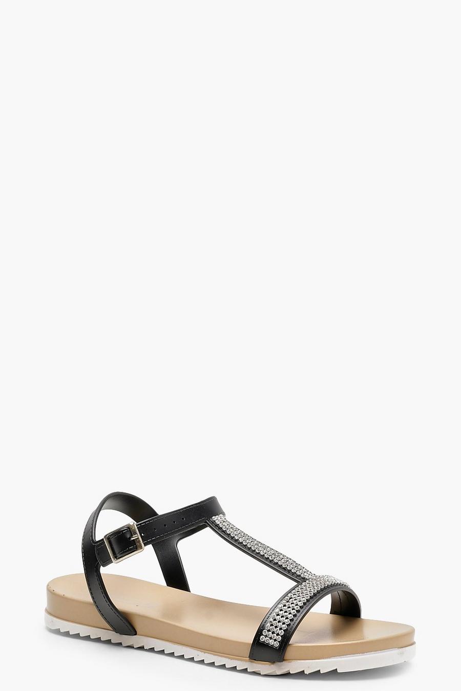 Black Rhinestone T-Bar Sandals image number 1
