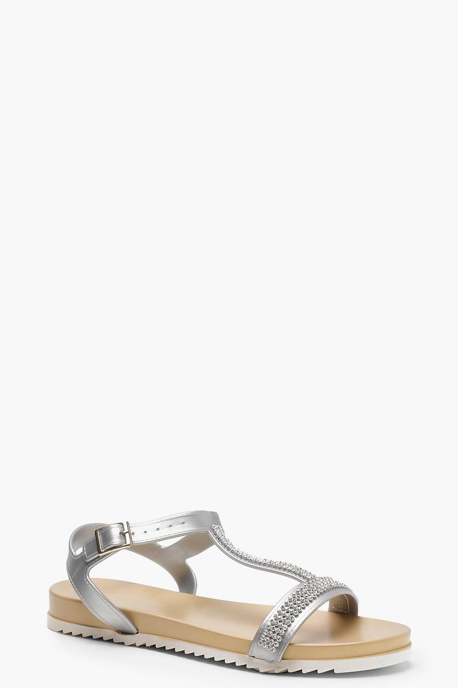 Silver Diamante T-Bar Sandals image number 1