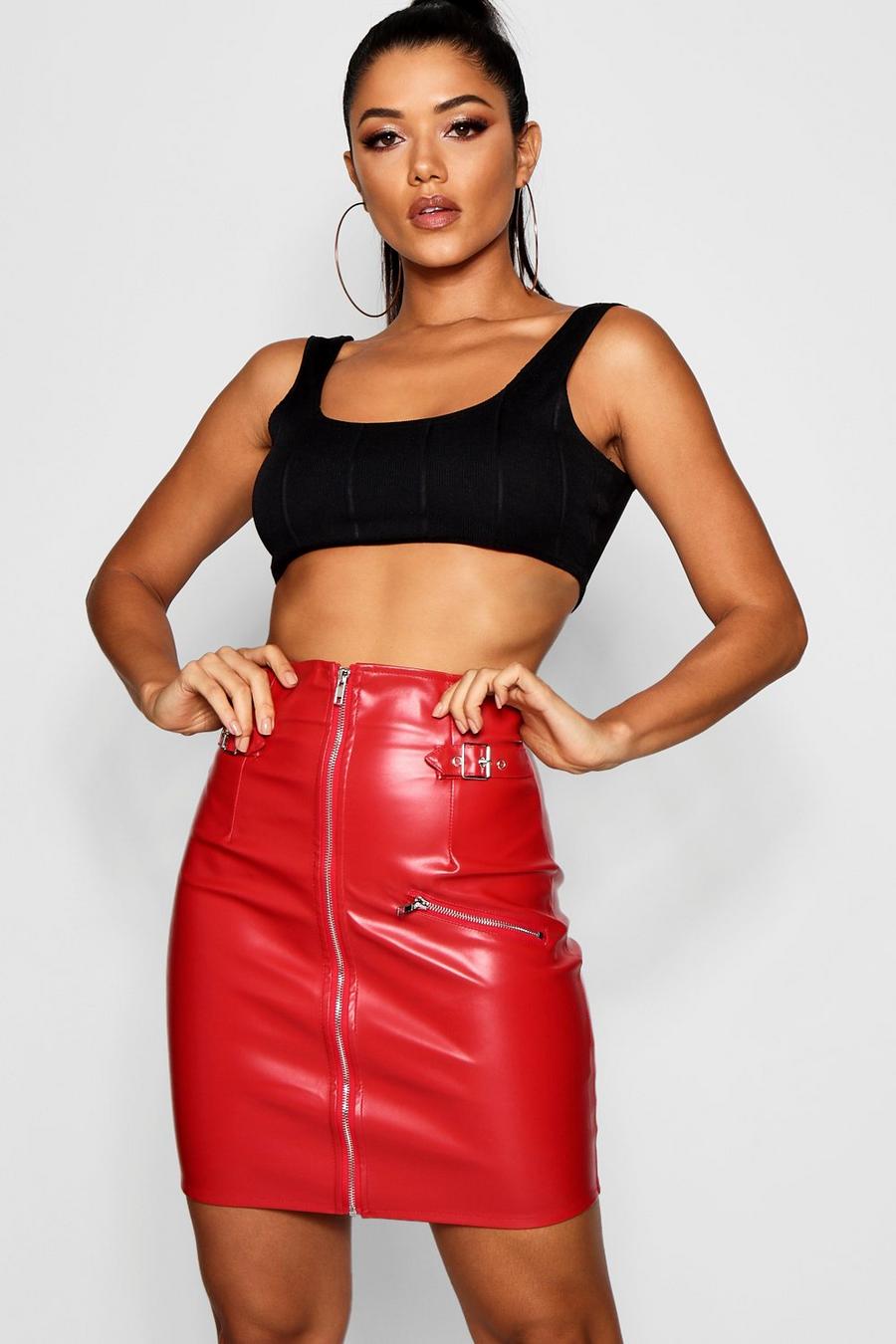 Red Faux Leather High Waist Buckle Mini Skirt image number 1