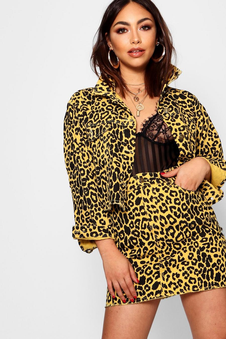 Leopard Print Denim Skirt, Mustard image number 1