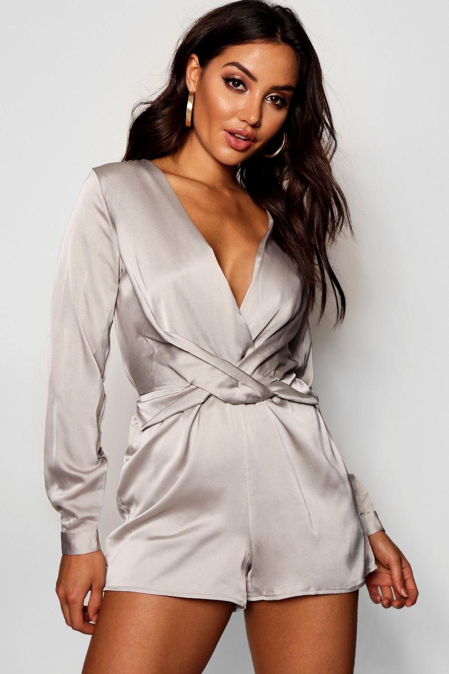 Silver Satin Twist Front Playsuit image number 1