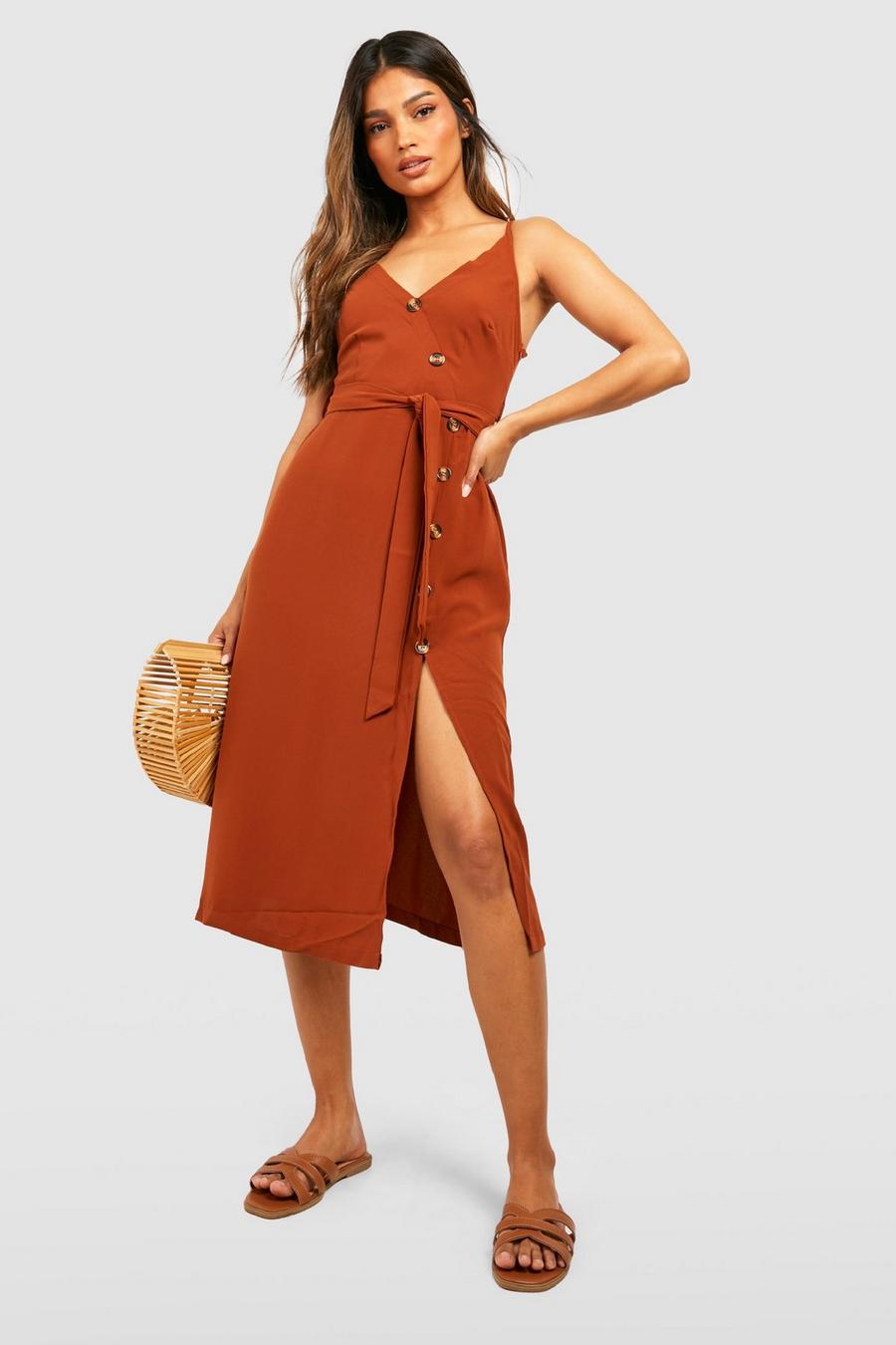 Chocolate Button Front Woven Slip Dress