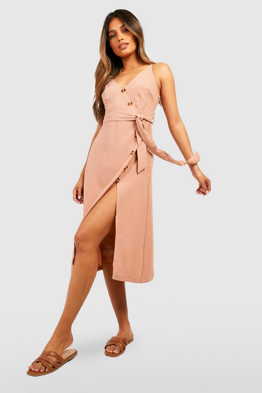 Nude Button Front Woven Slip Dress