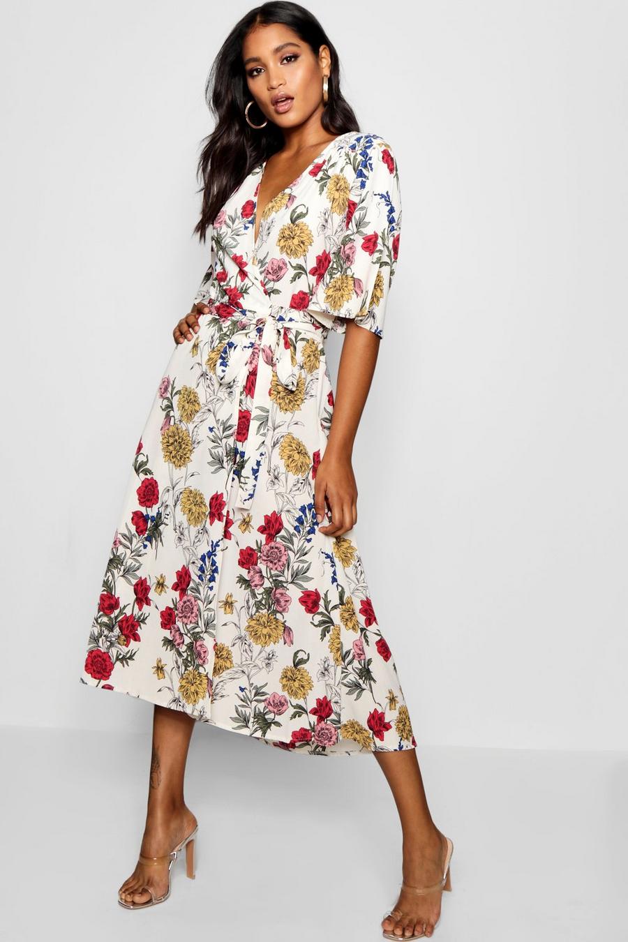 Ivory Nancy Angel Sleeve Floral Wrap Midi Dress image number 1