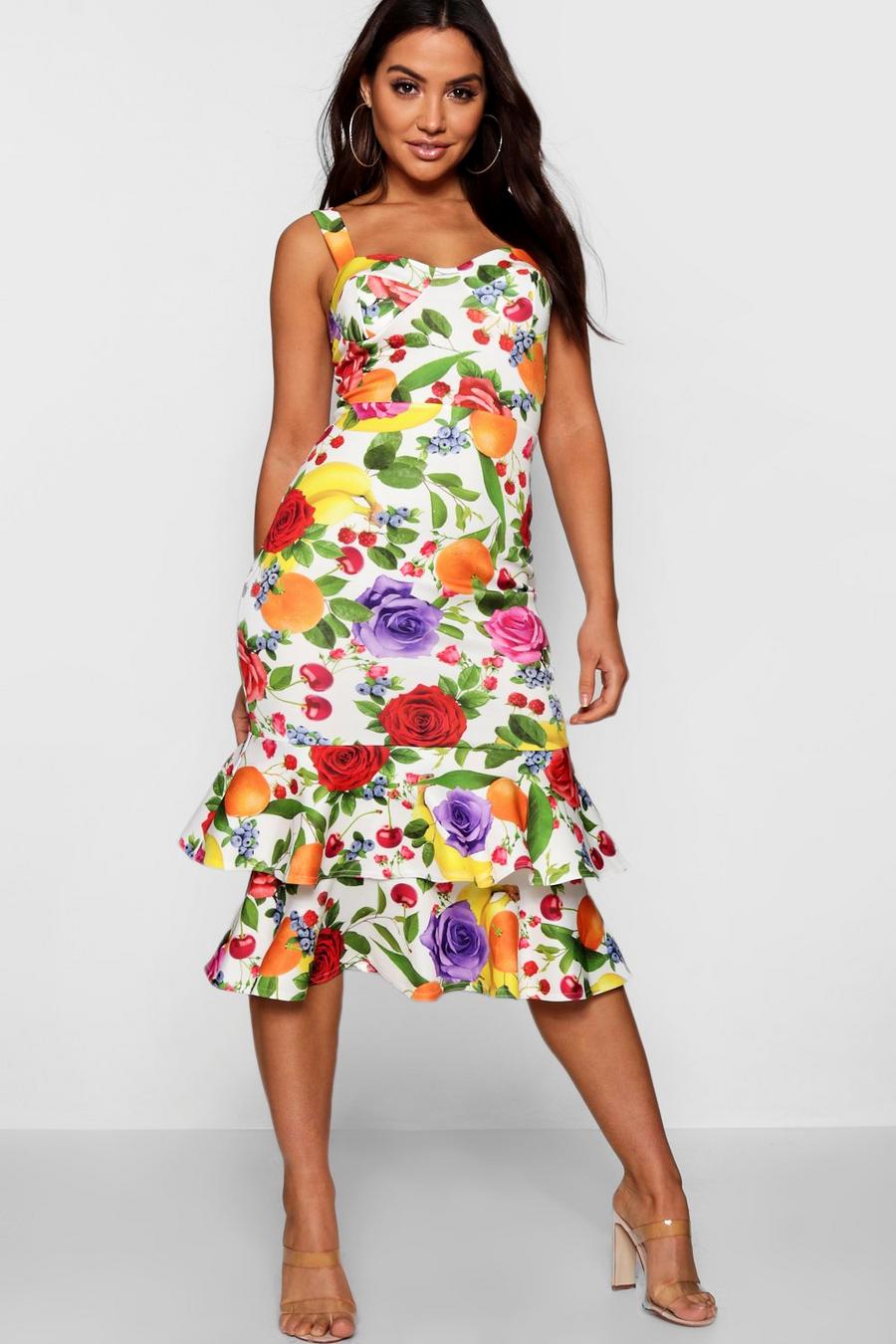 Zoey Floral Fruit Print Frill Hem Midi Dress image number 1