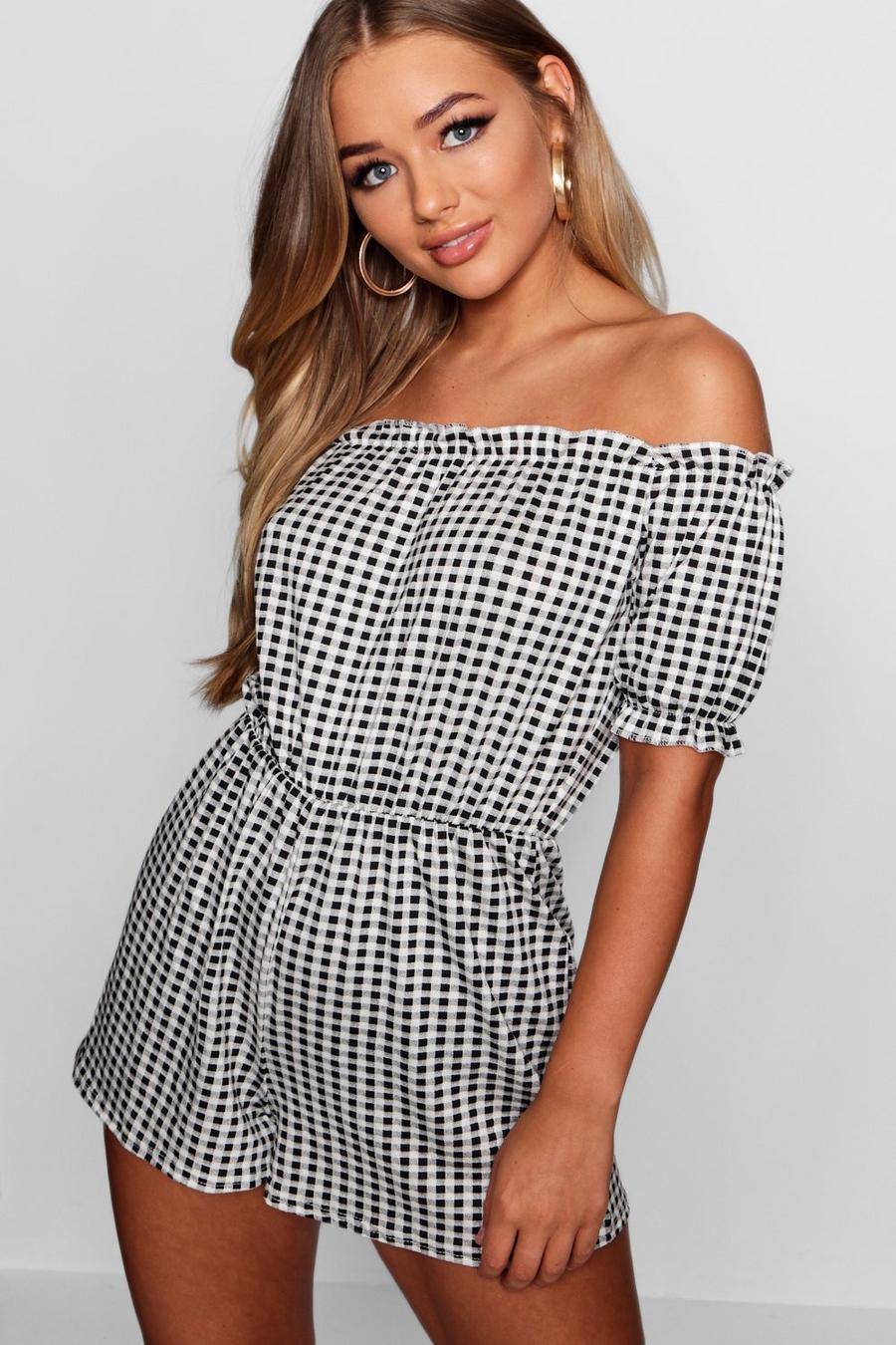 Black Gingham Off The Shoulder Gypsy Style Playsuit image number 1