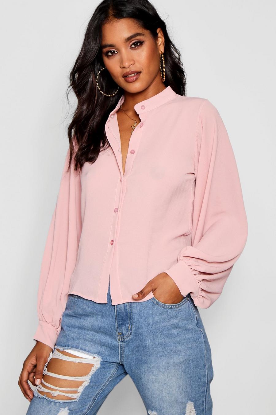 Soft pink Button Through Collarless Exaggerated Sleeve Blouse image number 1
