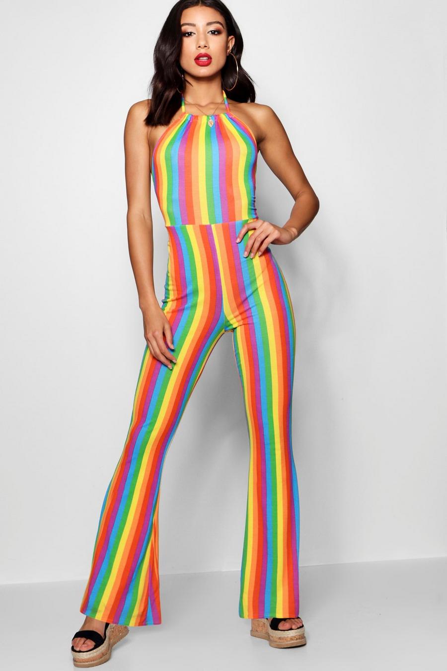 Multi Rainbow Stripe Flare Leg Jumpsuit image number 1