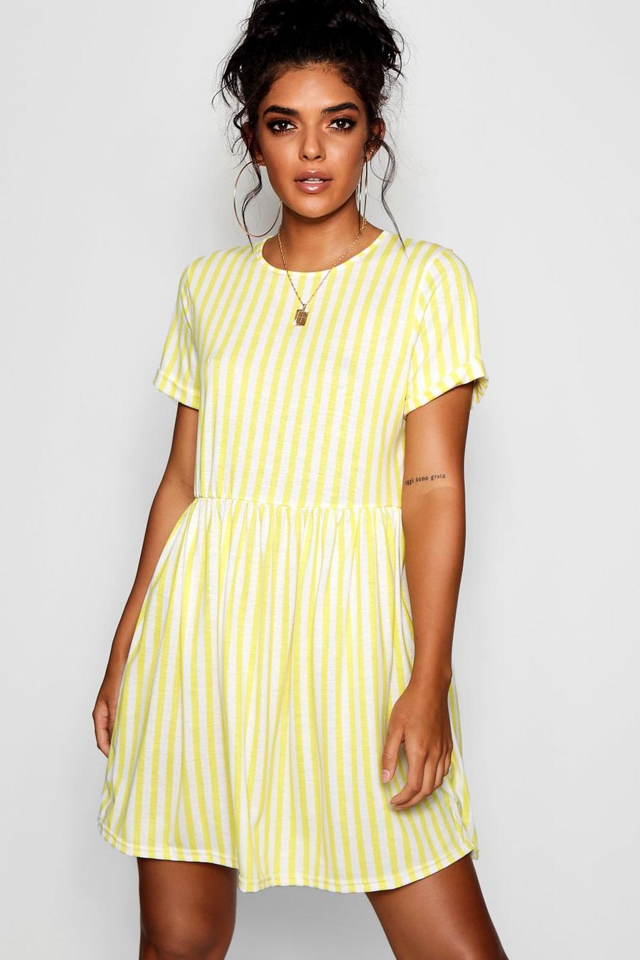 Lemon Striped Gathered Waist Smock Dress image number 1