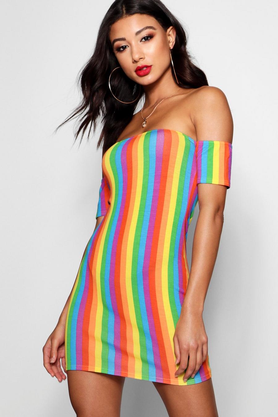 Multi Randig off shoulder-klänning i regnbågsfärger image number 1