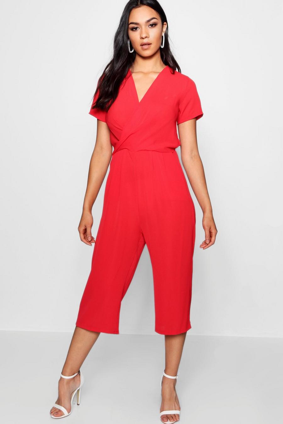 Red Plunge Twist Capped Sleeve Jumpsuit image number 1