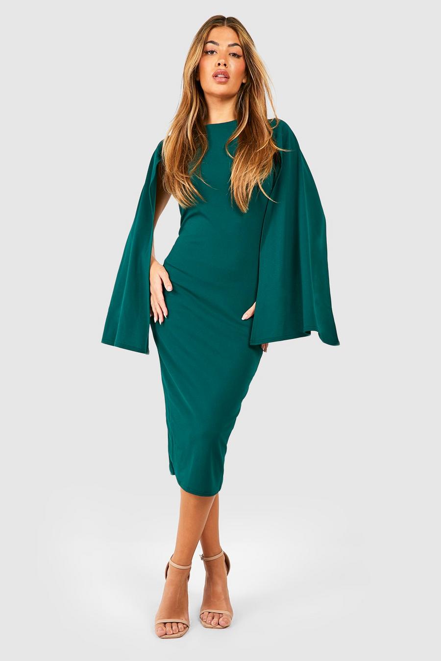 Emerald Cape Sleeve Bodycon Midi Dress