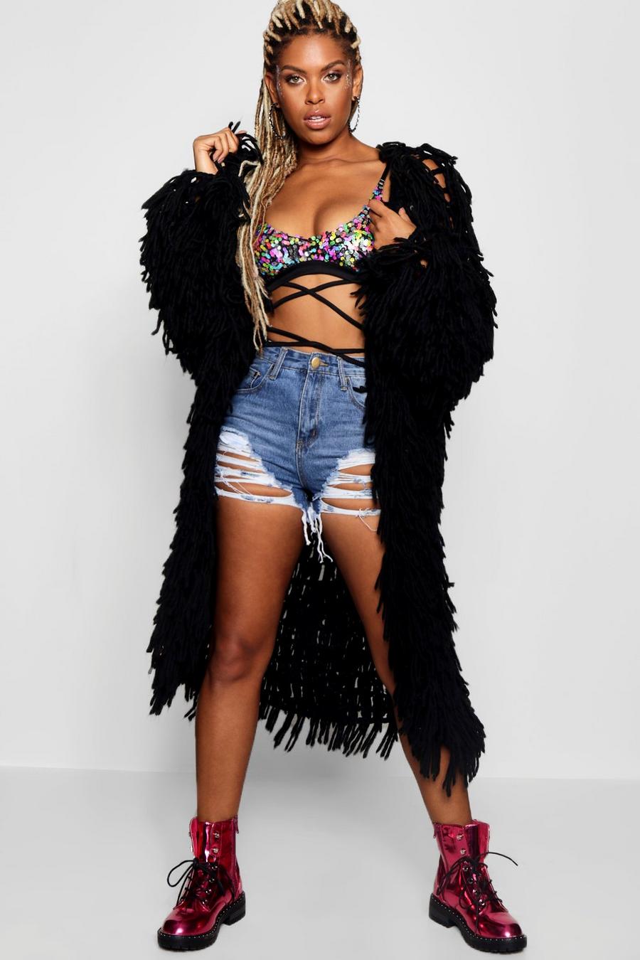 Black Longline Shaggy Knitted Cardigan image number 1