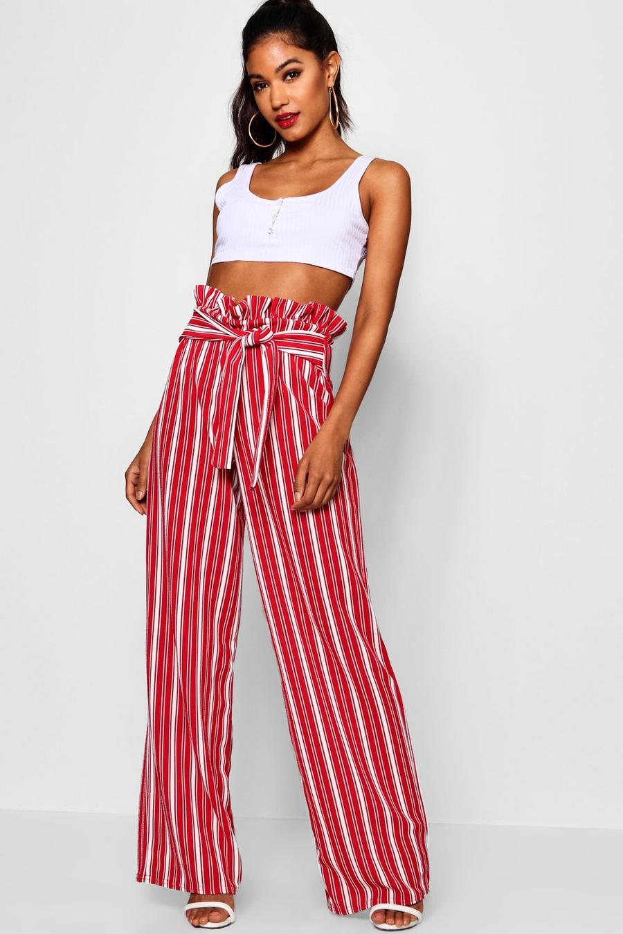 Red Crepe Stripe Paperbag Wide Leg Pants image number 1