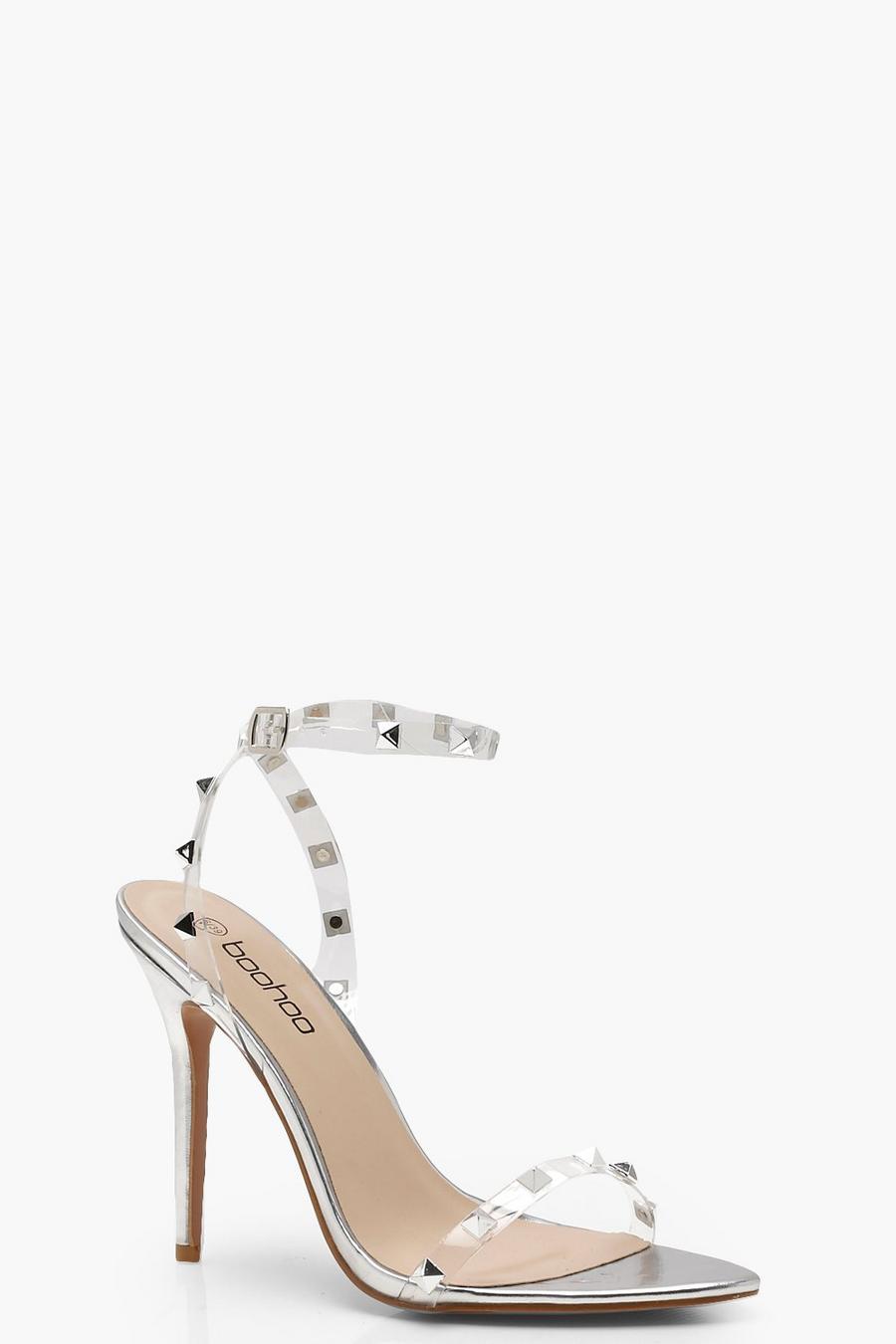 Silver Clear Studded Strap Barely There Heels image number 1