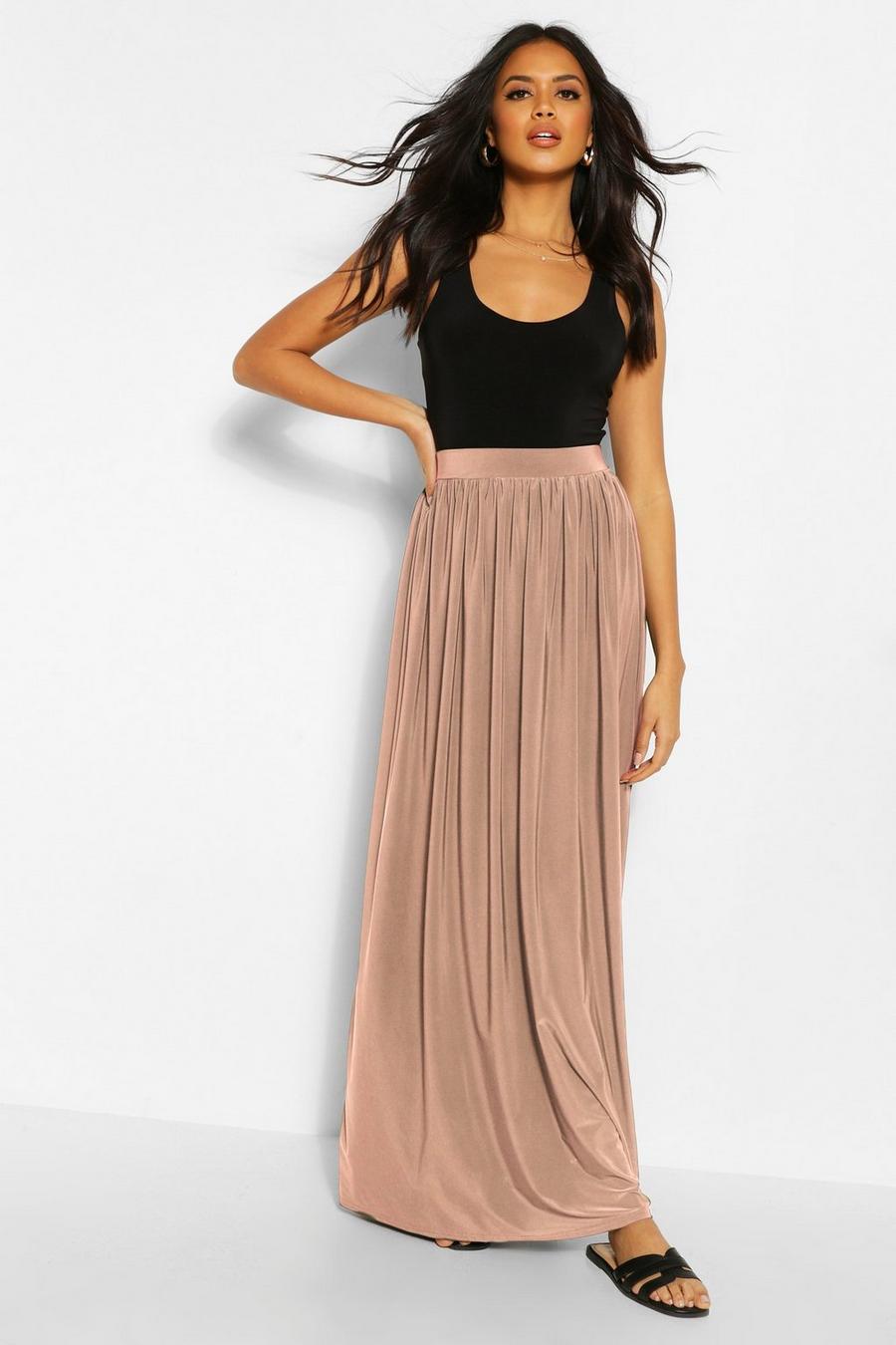 Taupe Basic Slinky Floor Sweeping Maxi Skirt image number 1