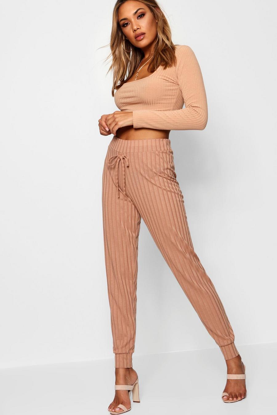 Camel Rib Knit High Waisted Joggers image number 1