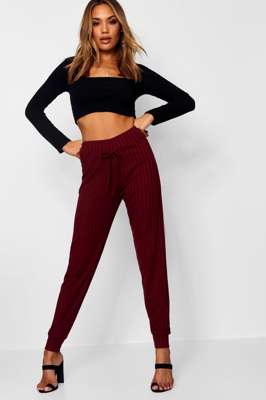 Wine Rib Knit High Waisted Track Pants image number 1