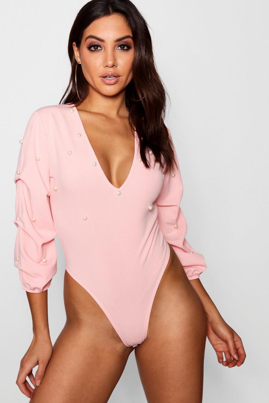 Soft pink Ruched Sleeve Pearl Bodysuit image number 1