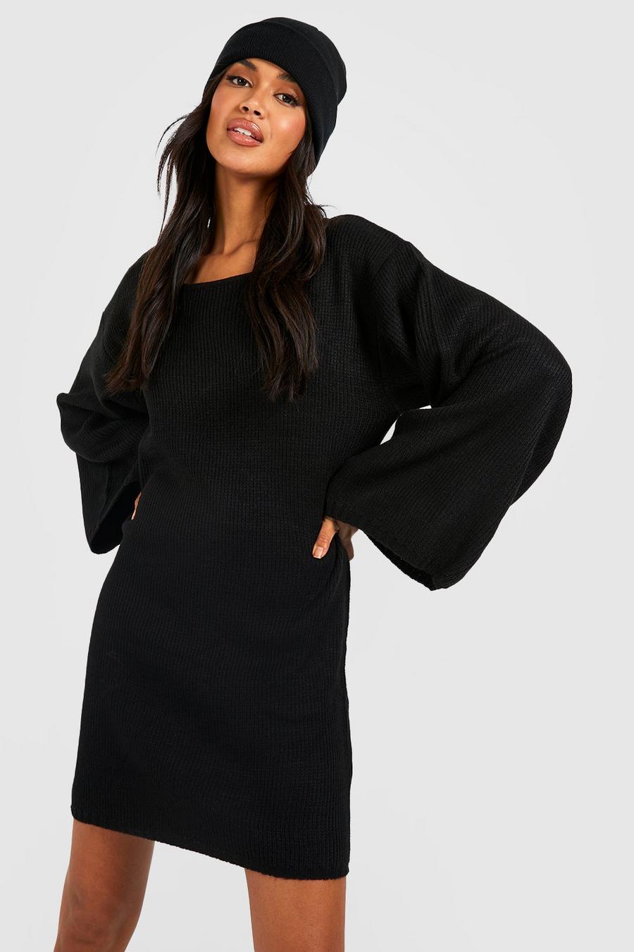 Black Oversize stickad klänning med vid ärm image number 1