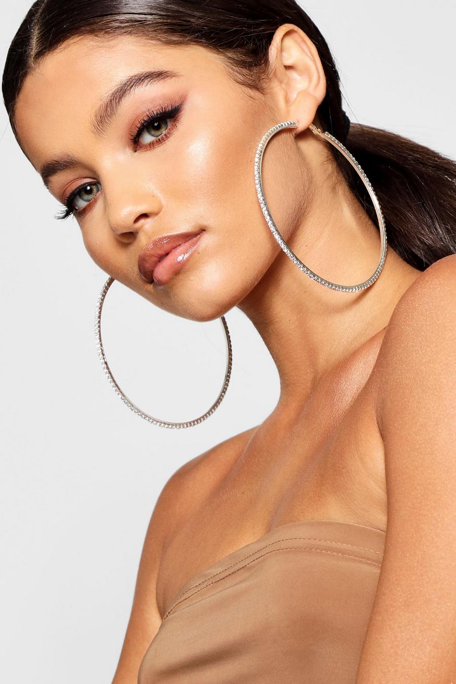 Silver Oversized Diamante Statement Hoops image number 1
