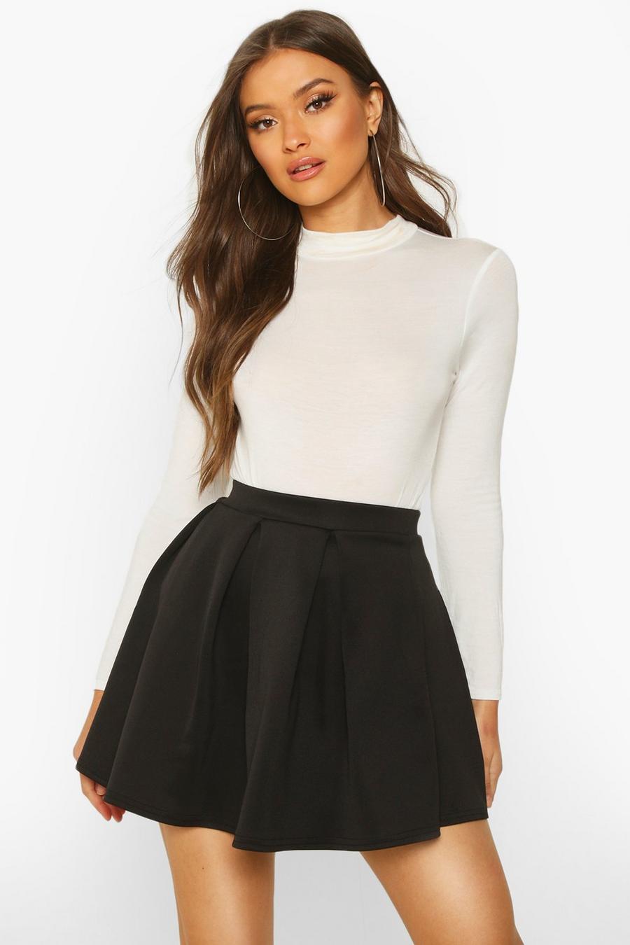 Black Basic Scuba Box Pleat Mini Skater Skirt image number 1