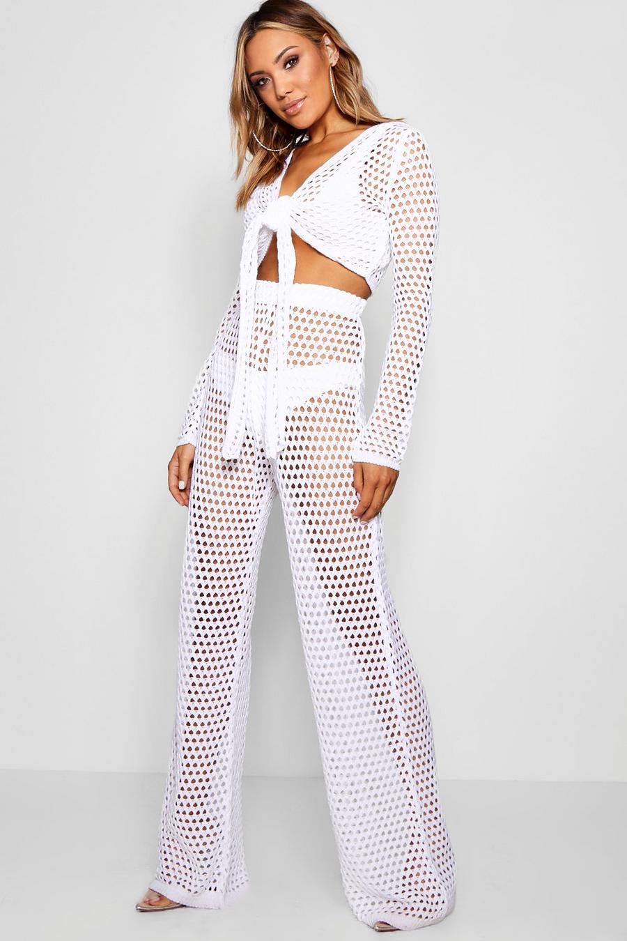 White Tie Front Crochet Flare Pants Set image number 1