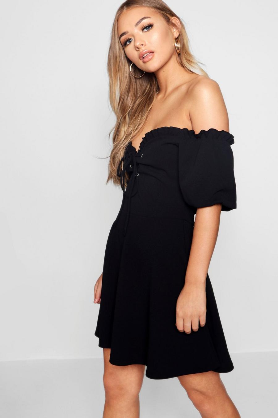 Black Lace Up Front Puff Sleeve Tea Dress image number 1