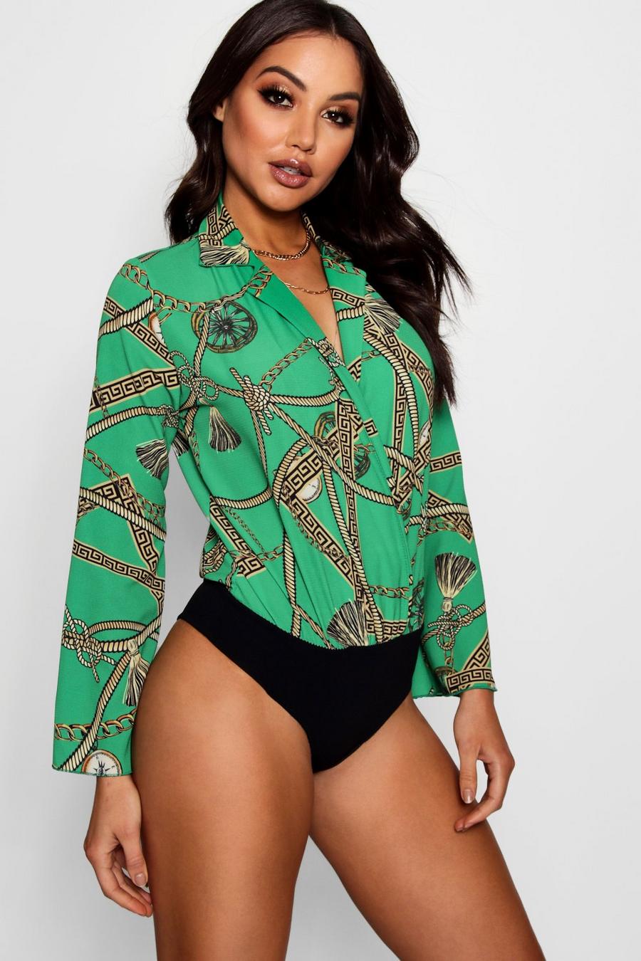 Green Chain Print Plunge Bodysuit image number 1