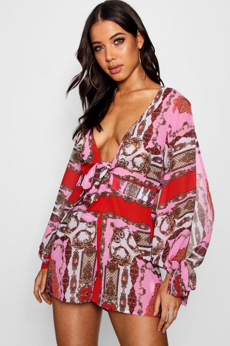 Scarf Print Knotted Beach Playsuit image number 1