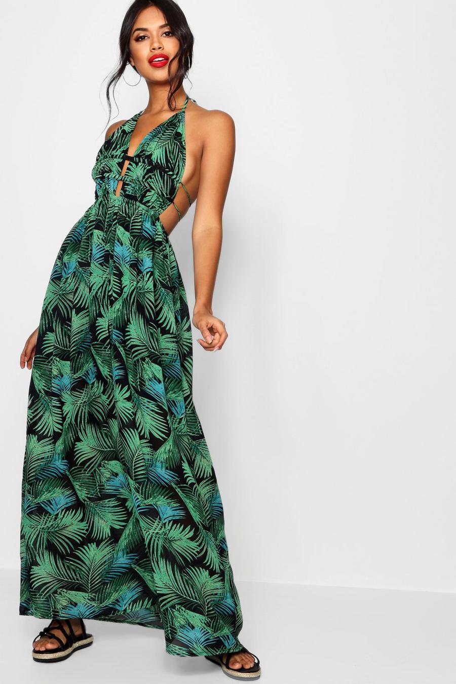 Vestido maxi con escote delantero pronunciado y estampado de palmeras, Verde de hojas image number 1