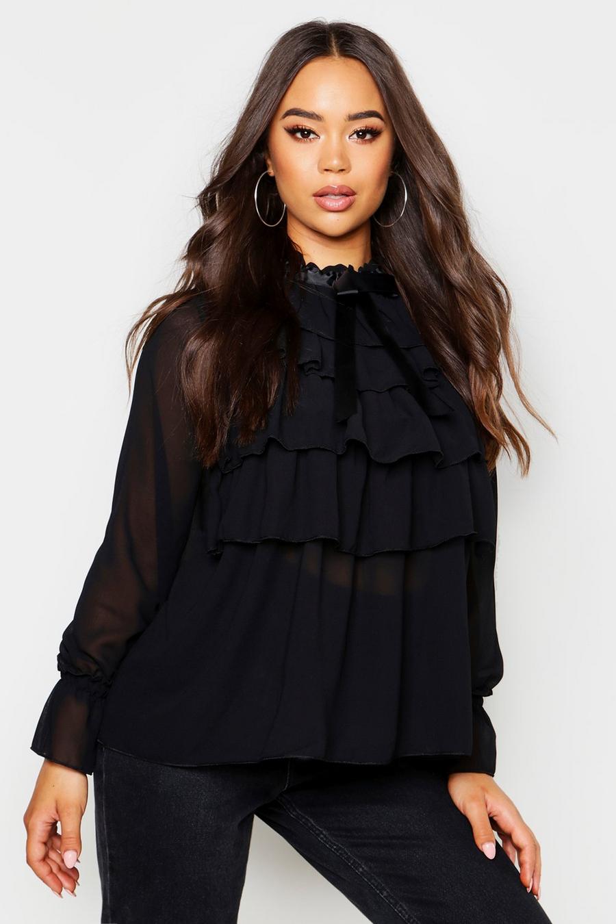 Black Ruffle Front Full Sleeve Blouse image number 1