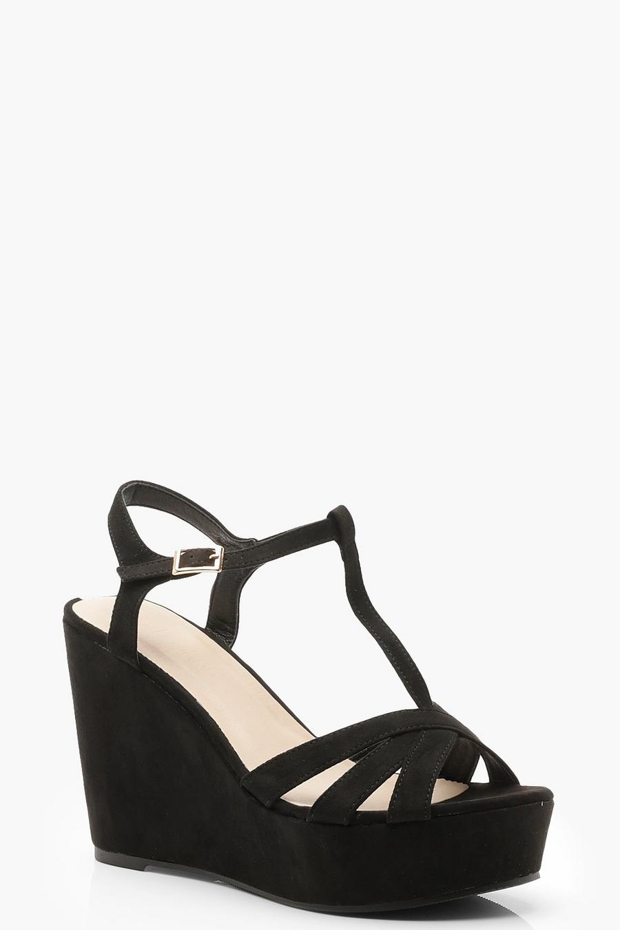 Black T Bar Cross Strap Wedges image number 1