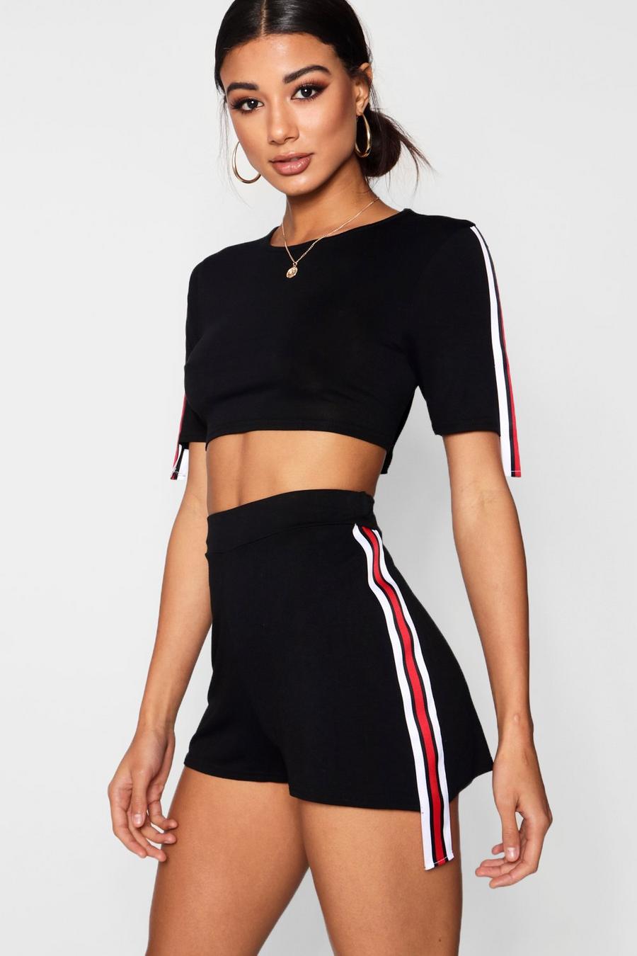 Cropped Tape Trim Tee and Short Co-ord image number 1