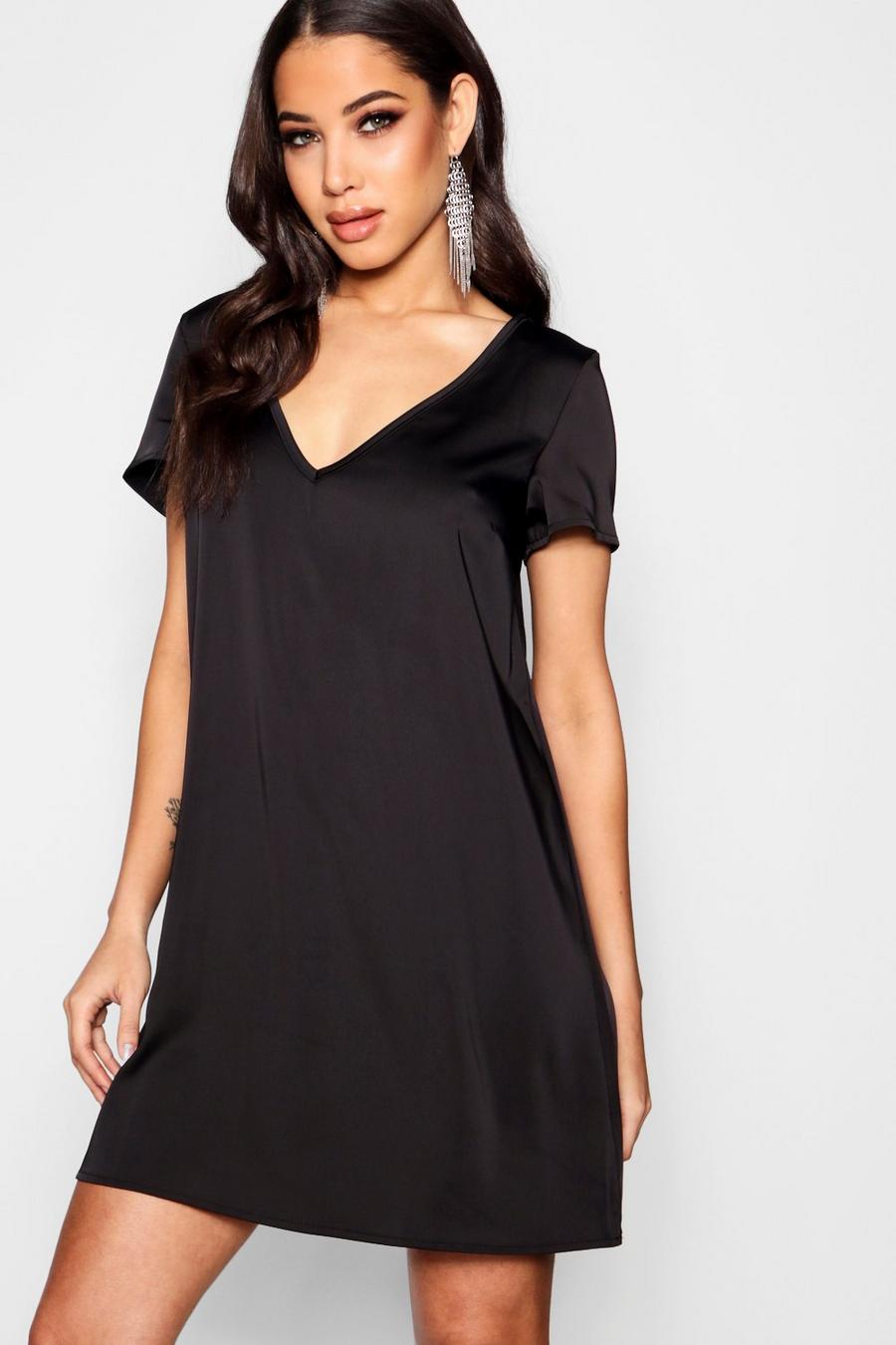 Plunge Woven Shift Dress, Black image number 1