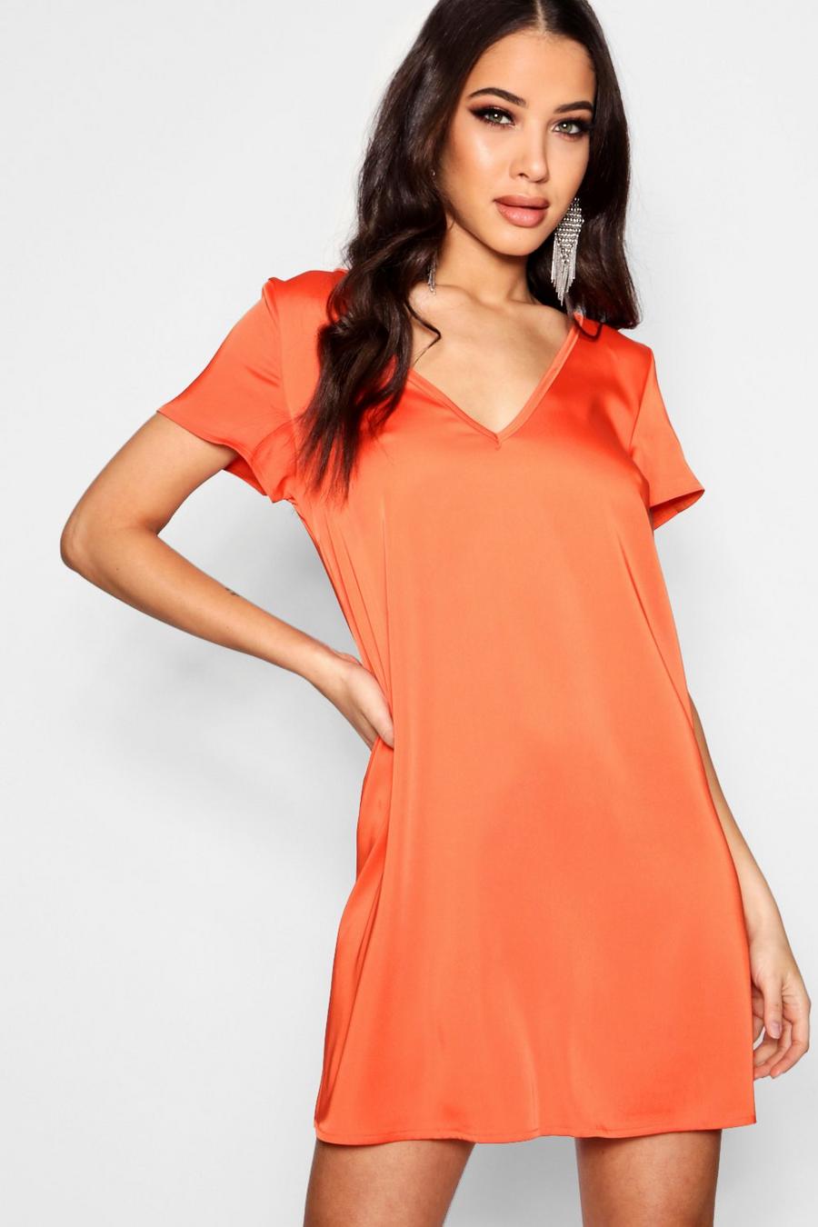 Plunge Woven Shift Dress, Tangerine image number 1