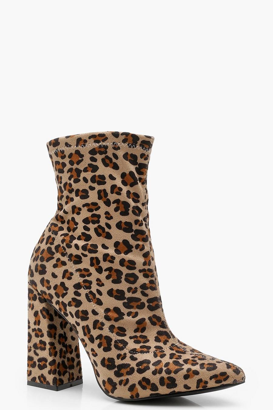 Leopard Print Flared Heel Sock Boots image number 1