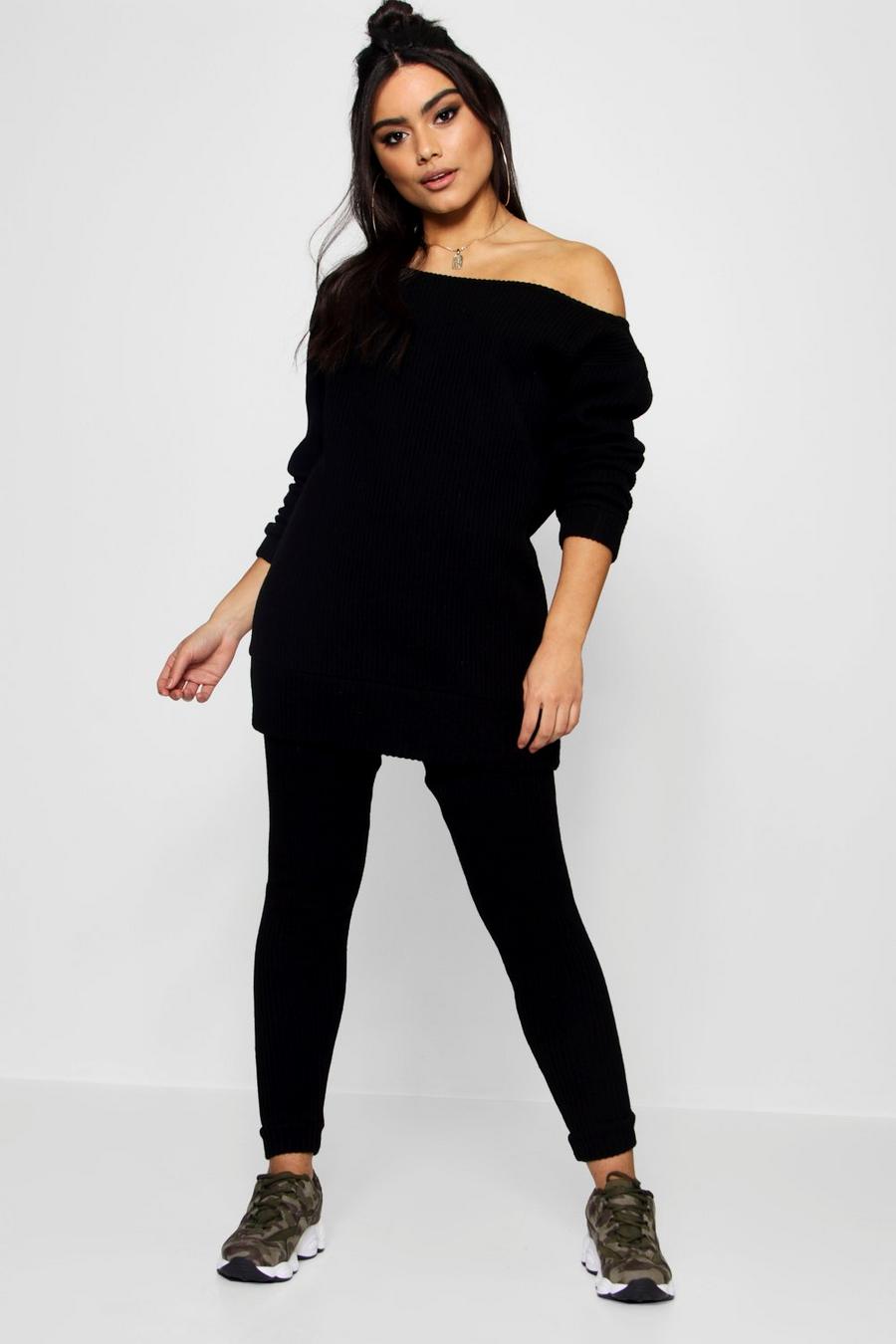 Black Slash Neck Knitted Loungewear Set image number 1